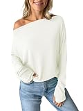 Imily Bela Damen Schulterfrei Tshirt Oversize Langarm Shirt mit Daumenlöcher Casual Tunika(Weiß,XL)