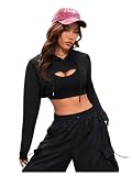 SweatyRocks Damen Crop Hoodie Pullover Sehr Kurz Sweatshirts Langarm Pulli Rundkragen Cut Outs Shirts mit Kapuze Schwarz L