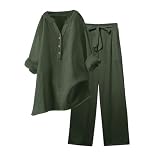 Musselin Set Damen Hosenanzug Sommer Baumwolle Zweiteiler Leinen Kurzarm Top und Lang Weit Bein Hose Set Musselin Leinenanzug Große Größen Leinen Set Einfarbig Freizeitanzug 2 Teiler S