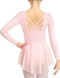 MOLLDAN Tanzanzug für Mädchen, Ballettkleid, glänzender Rock, Rüschenärmel, überkreuzter Rücken, Rock mit hohem und niedrigem Saum, Rosa (langärmlig), 6-8 J