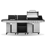 JUSTUS 5-Brenner Gasgrillküche Juno mit Seitenbrenner – Grillwagen aus Edelstahl mit Spüleinheit und Arbeitsfläche, 253 x 57 x 113 cm, Edelstahl Schw