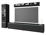 MINIO go for it - Wohnwand 3-Teilig Set Veve 1 I Hängend oder Stehend I Hochschrank-Vitrine I Lowboard I Wandboard I Laminierte Spannplatte I Schwarz Graphit matt - LED Beleuchtung