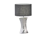 meineWunschleuchte Tischlampe mit Keramikfuß Silber & Stoffschirm Leinen Grau, 44cm groß
