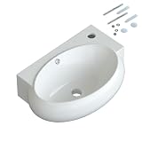 Waschbecken Keramik Waschtisch Hängewaschbecken klein Handwaschbecken Weiß Eckig-Oval 44 x 29 cm Badezimmer Gäste WC | Hahnloch Rechts | Überlauf | Stockschrauben | OHNE Wasserhahn | OHNE Ab