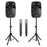 VONYX VPS152A - PA Lautsprecher Aktiv Set, Party Box Bluetooth mit Stativ, 2x Kabelloses Mikrofon, PA Anlage Komplettset, 10 Zoll, Party LEDs, USB, MP3, DJ Boxen, DJ Set Komplett, Partybox 600 W