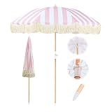 200cm Rosa Gestreift Strandschirm UV Schutz Tragbar Sonnenschirm Mit Tragetasche Terrassenschirm Mit Neigung Boho Gartenschirm Mit Fransen wasserdichte Balkonschirm Für Garten Rasen T