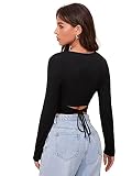 DIDK Damen Crop T-Shirt Top Langarmshirt Tops Slim Oberteil Rundhals Casual Shirts mit Band Hinten Schwarz M