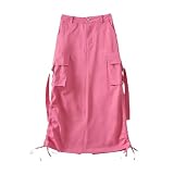 Frauen Sommer Herbst Lose Design Niedrige Taille Große Tasche Träger Röcke Stilvolle Lange Röcke Rose red M