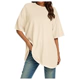 Damen-Sommer-T-Shirt mit halben Ärmeln, einfarbig, trendig, locker, sportlich, niedlich, Tunika, Tops, T-Shirts, lässig, Rundhalsausschnitt, Basic-T-Shirts, Ausgehen, Übergröße, T-Shirts, beige, L