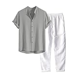 Set aus Shorts und T-Shirt, 2-teilig, Baumwolle und Leinen, Sommeroutfit aus T-Shirts und Sporthose, Kordelzug, bequem und atmungsaktiv, für Fitness, Sport, Streetwear, 02 # Grau, M