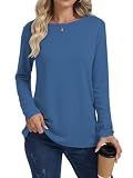 Cuptacc T-Shirts Für Damen Rundhals Shirts Locker Tops Basic Longshirt Damen Oberteil Herbst Bluse Langarm Blau XXL 50-52