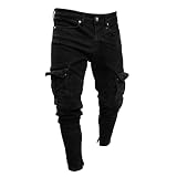 Cargohose für Herren, Stretch-Passform, Kampf-Jeans, Skinny Denim-Hose, lässig, Smart Jogger, mehrere Taschen, blaue Arbeitshose, lässig, schwarz, Jegging, Bikerhose, ausgefranste Jeans, Schwarz , S
