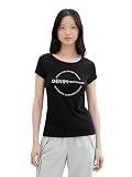 TOM TAILOR Denim Damen Basic T-Shirt mit Logo-Print, deep black, L