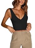 REORIA Damen Sexy Tanktops mit tiefem Ausschnitt und tiefem V-Ausschnitt ärmellos V-Ausschnitt rückenfrei schmale Passform Crop Tops zum Ausgehen Schwarz S