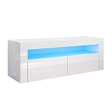 SONNI TV Board Fernsehtisch Lowboard mit LED-Beleuchtung (in 12 Farben einstellbar) 120x40x45cm Weiß Hochglanz TV Schrank Fernsehschrank