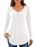 Amoretu T Shirt Damen V Ausschnitt Blusen Tuniken Longshirt Elegant Langarmshirt Baumwolle Tshirt Weiß S