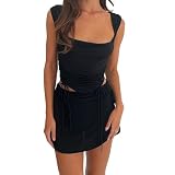 Damen Drapierung Cowl Neck Crop Tops Ärmelloses Cami-Top mit Kordelzug und Rüschen Quadratischer Ausschnitt Trendy Cropped Shirts (Schwarz,M)