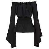 Renaissance Mittelalter Bluse Schulterfrei Damen,Trompetenärmel Gothic Langarm Freizeit,Off Shoulder Steampunk Langarm Boho Bauernhemd Viktorianisches Rüschenbluse Gesmokt Halloween Kostü