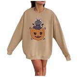 Generisch Oversize Halloween Pullover Damen Sweatshirt Lustige Trend Aufdruck Damenpullover ohne Kapuze Teenager Winter Locker Rundhals Langarm Pulli Langarmshirt Casual Oberteil (#3917, L)