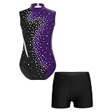 iiniim Mädchen Turnanzug Gymnastikanzug Glitzer Ballettanzug mit Strass Kinder Gymnastik Trikot Tanzbody mit Shorts Sport Trainingsanzug Ea Lila&Schwarz 146-152