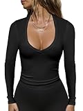 Imily Bela Damen Langarmshirt Sexy V-Ausschnitt Gerippt Oberteile Slim Fit Top (schwarz，XL
