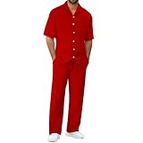 LUZOUCHE Herren Sportanzug Sommer Strandanzug Casual Baggy Zweiteiliges Hemd Button Down Kurzarmhemd und Freizeithose Set Einfarbig T-shirt + Sporthose Freizeitanzug für Urlaub