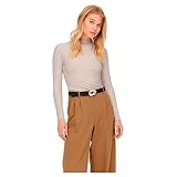 ONLY Damen Dünnes Langarm Shirt | Geripptes Stehkragen Basic Longsleeve ONLEMMA | Gewelltes Oberteil, Farben:Beige, Größe:M