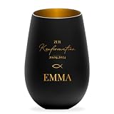Geschenkfreude Windlicht mit Gravur personalisiert zur Konfirmation - 8,5x6,3x12cm - schwarz/Gold - Geschenke für die Konfirmation - personalisierte Teelichter - Deko mit Namen - Kerzenglas - F