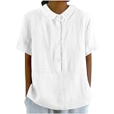 HOOUDO Angebote des Tages Heute Leinenhemden für Damen, kurzärmelig, Button-Down-Hemd, lässig, Kragen, V-Ausschnitt, Oberteile, Hemden, Blusen, Trendige Sommeroberteile STR Sale Angebote Bestellung