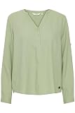 OXMO OXANJA Damen Bluse aus Leinenmix Shirt Langarm klassisch mit V-Ausschnitt und Knöpfen Regular Fit und Knöpfbare Ärmel, Größe:44, Farbe:Seagrass (166008)