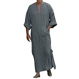 Ghemdilmn Muslimische Kleider Kaftan Herren V-Ausschnitt Lose Thobe Einfarbig Leicht Baumwolle Leinen Nachthemd Herren Lang Seite Split mit Taschen und Rollbare Ärmel Abaya Herren B