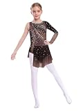 Miutii Mädchen Eiskunstlauf Kleid Glitzer Ballettkleid Langarm Rollschuhkleid mit Strass Lyrisch Tanzkleid Modern Dance Tanzkleidung Braun 146-152