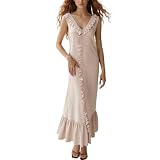 2026 Sommerkleider für Damen, V-Ausschnitt, Knopf, Volant, langes Kleid, gerüscht, A-Linie, ärmellos, Maxikleid, khaki, L