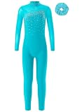 MSemis Kinder Mädchen Turnanzug Langarm Sportbody Ganzkörper Gymnastikanzug Ballettanzug Glitzer Trikot mit mit Haarband Trainingsanzug blauer See 134-140