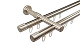 iso-design Gardinenstange Innenlauf 2-läufig 20 mm Durchmesser Farbe Edelstahl Wandmontage Gardinenstangenkomplettset aus Metall Innenlaufstangen Endstück Kappe, 240 cm (2 x 120 cm)