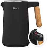 BALTER Edelstahl Wasserkocher mit Temperatureinstellung, 45°C-100°C, Doppelwand, BPA frei, leise & kabellos, Warmhaltefunktion, Teekocher mit Temperaturanzeige, 1.5L, 2200W, Schw