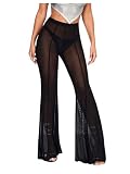 SOLY HUX Damen Schlaghosen Durchsichtige Hose Lange Partyhose Freizeithosen Festival Outfit Mesh Hose mit Elastischem Bund Schwarz L