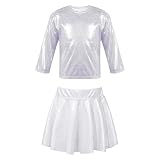 Agoky Mädchen Metallic Langarm T-Shirt und Rock mit Falten Elastische Taille Röckchen Modern Jazz Tanz Kleidung Set Silber 134-140