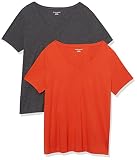 Amazon Essentials Damen T-Shirt mit V-Ausschnitt und kurzen Ärmeln in Übergröße, 2er-Pack, Dunkelgrau Meliert/Tomatenrot, 3XL Große Größ