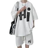 Sportanzug Herren Atmungsaktiv Komfortabel Mode Kurzarm T-Shirt Und Kurze Hosen 2-Teiliges Set Fitness Jogging Workout Streetwear Temperament Trend Freizeitkleidung E-White 4XL