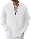 LVCBL Herren Mittelalter Hemd Langarm Leinenhemd Retro-Stil Schnürung Shirt Weiß 2XL