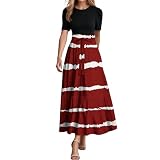 Maxikleider Damen Sommer A Linien Tunikakleid Hohe Taille Elegant Blumenkleid Sommerkleid Kurzarm Rundhals Sommerkleider Leicht und Luftig Lang Rüschen Saum Freizeitkleid Maxik