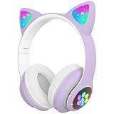 Woukksy Bluetooth Kopfhörer Kinder, Faltbare Mädchen Kopfhörer Over Ear, Kabellos Kinderkopfhörer mit LED-licht Katzenohren und Mikrofon für Schule/Tablet/Handy/PC-V