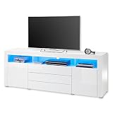 Stella Trading TV-Lowboard in Weiß, Weiß Hochglanz mit blauer LED-Beleuchtung - TV Schrank mit viel Stauraum für Ihr Wohnzimmer - 200 x 74 x 44 cm (B/H/T)