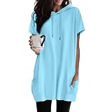 DeaAmyGline T Shirt Damen Lang mit Kapuze Longshirt Kurzarm Oberteile Sommer Tunika Bluse Solide Longtops Lässig Lockere Hoodie Tshirt Taschen Rundhals Long Tops Pullover Blusen & Tuniken für F