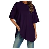 Damen-Sommer-T-Shirts, Übergröße, halblange Ärmel, Übergröße, 2026, lässig, Lauf-Tops, Ausgehen, trendige T-Shirts, lockere Tunika, Tops, modische trendige T-Shirts, Rundhalsausschnitt, violett, S