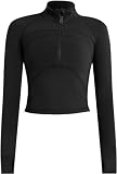 Memoryee T Shirt Damen Sport Laufen Yoga Gym Zipper Crop Top Langarm Leicht Fitness Pullover Oberteil mit Halbem Reißverschluss und Daumenloch Schwarz S