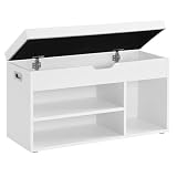 VASAGLE Custos Kollektion - Schuhbank mit Sitzfläche, Sitzbank mit Stauraum, gepolstert, 3 offene Fächer, Fach unter Sitzkissen, Schuhregal für Wohnzimmer, Flur, bis 150 kg belastbar, weiß LHS30W