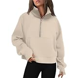 Generisch Sweatshirt Damen Oversized Pullover Einfarbig Basic Damen-Sweatshirt Half Zip Pullover mit Taschen Freizeit Sport Sweatjacke Oberteile Rollkragenpullover mit D