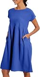 Sommerkleid Damen elegant Baumwolle Leinenkleid Kurzarm Strandkleid Rundhals Midikleid Freizeitkleid Musselin Midikleid Einfarbig Mode Lässiges Tunika Blusenkleid Leicht und Luftig mit T